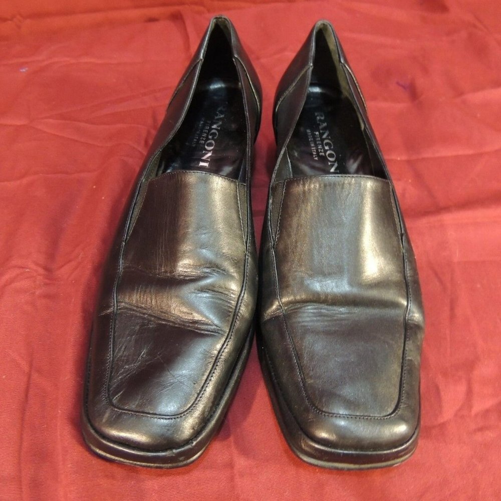 sz8.5B RANGONI FIRENZE MADE in ITALY BLACK LEATHER SQUARE TOE HEELS wc 12138